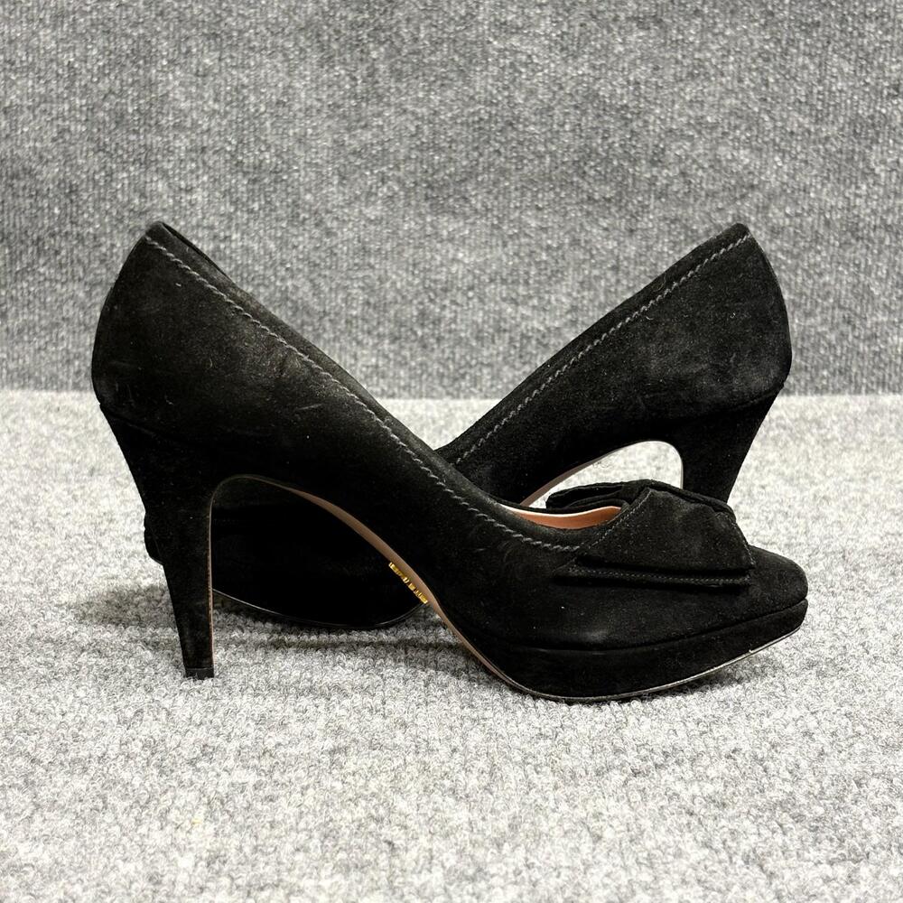 Prada Shoes Womens Size 5.5 EU 35.5 Black Suede Bow Platform Pumps Heels Italy